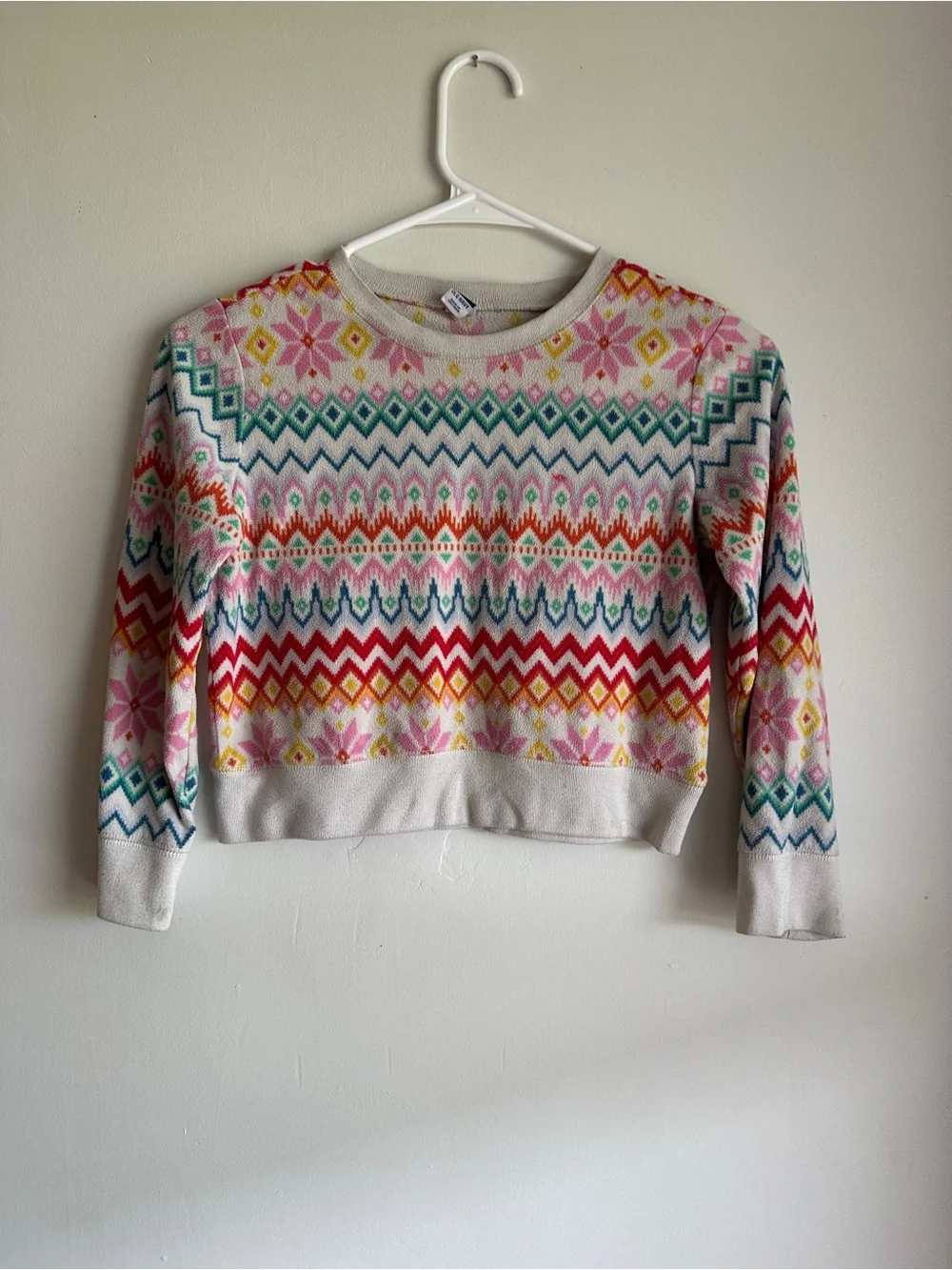 Old Navy Cream Fair Isle Crewneck Sweater with Multicolor Pattern
